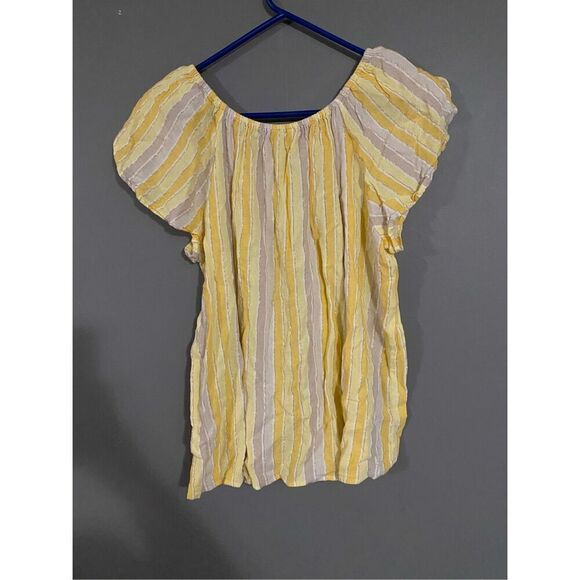Cato Linen Yellow Striped Short Sleeve Top Size Medium - Picture 2 of 2